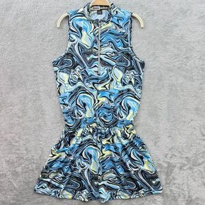 Jamie Sadock Golf Dress Womens Large Blue Yellow Whirl Sleeveless 1/4 Zip Tennis